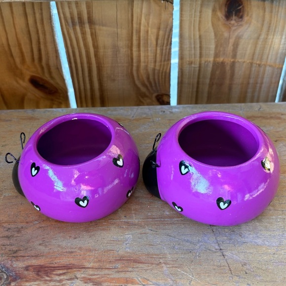 2 Rocket Farms Lovebugs Ladybugs Mini Planters Purple with White & Black Hearts - Picture 5 of 9